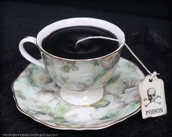 Victorian Gothic Black Tea Cup Candle - Green Floral Watercolor Cup & Saucer - Frankincense - Alice in Wonderland - Poison Tea Tag