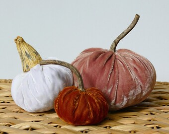 Set of 3 Plush Velvet Pumpkins - Rose, White, and Coppery Orange