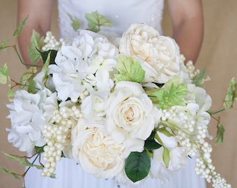 Cream Wedding Bouquet, Ivory Bridal Bouquet, White Bouquet, Silk Flower Bridal Bouquet, Bridal Bouquet, Hydrangea Bouquet, Rose Bouquet