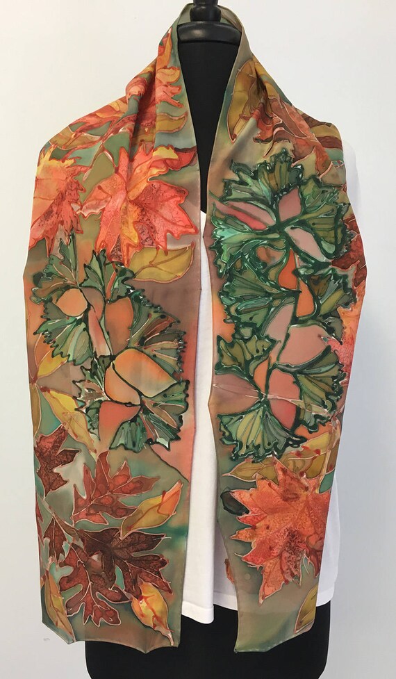 Fall Leaves Silk Scarf. Ginkgo and Maple Leaves. 100% Silk