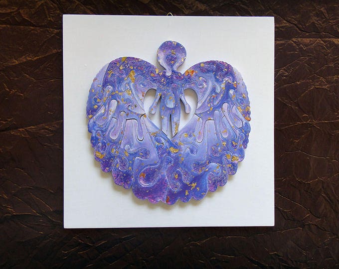Puzzle Art: Guardian Angel; Purple Blue Golden Flakes, Healing, Montessori, Wooden Handmade, Ready To Hang, Acrylic On Pieces by Samo Svete