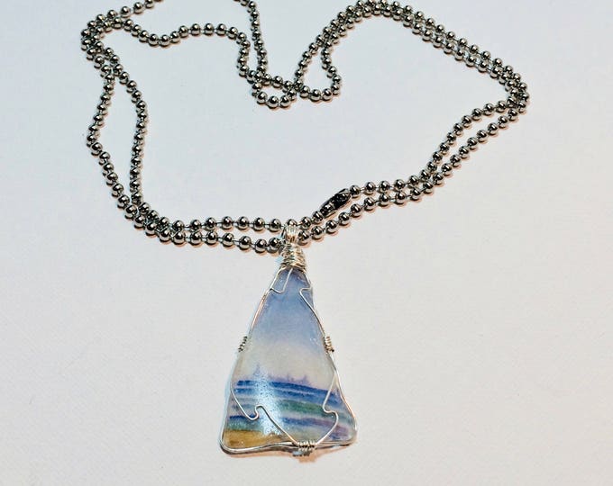 Large Beach Glass pendant with 30" large ball chain - Wire Wrap Beach Scene Beach Glass -Lake Michigan - Chicago Skyline