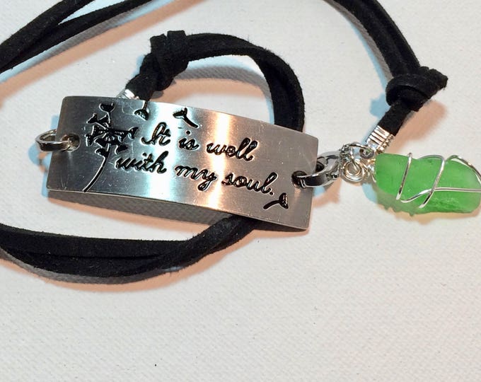 Strappy bracelet "It is Well with My Soul" Medallion Green beach glass charm with black leather lace and lobster claw closures