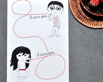Long-distance relationship card, I miss you card, String cup telephone, cheesy romantic card, sentimental greeting card, Valentine's Day