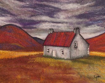 Bothy in the glen - felt painting, original artwork