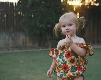 Baby Romper, Off the Shoulder Baby Romper, Baby Thanksgiving Outfit, Sunflower Baby Romper, Toddler Boho Romper, Newborn Boho Outfit,