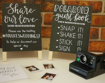 Polaroid guest book | Share our love, social media hashtag A frame black board signs | chalk hand lettered calligraphy