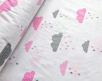 Cloud fabric, rain drops fabric, children fabric, rain fabric, pink cloud fabric, grey cloud fabric