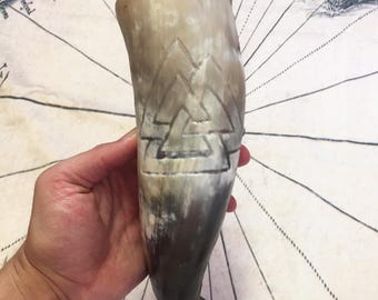 The Valknut Symbol of Valhalla Hand Carved Viking Drinking Horn 100% Pure Beeswax Cured With Wood Burned Skal Stand and Leather Frog. Norse