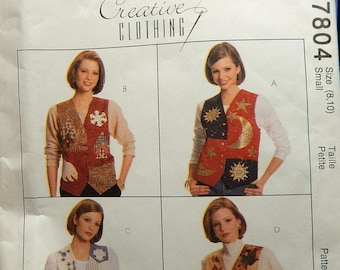 1995 McCall's Creative Clothing Pattern 7804 CUT Size Small (8-10), Misses LINED Vest with appliques..pieces counted..see description