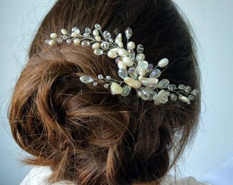Wedding hairpin, hairpin, hairpin for the bride, pearl stud, beige hairpin, hairpin bohemian glass, festive hairpin