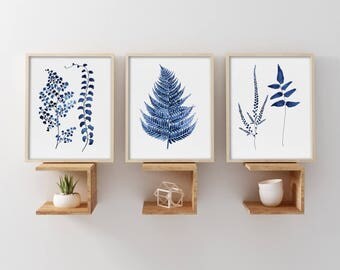 Watercolor Fern Leaves Set of 3 Prints, Navy Blue Plant Drawing, Minimalist Illustration, Botanical Wall Decor, Giclee of Original Painting