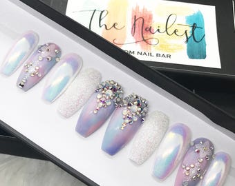 Unicorn Chrome Swarovski Crystal Pastel Iridescent Glitter Press On Nails | Unicorn| Any Shape | Fake Nails | False Nails | Glue On Nailes