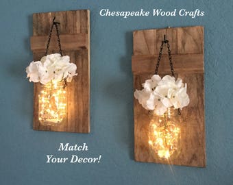 Rustic Home Decor, Home & Living, Set of 2 Hanging Mason Jar Sconces with Hydrangeas, Mason Jar Decor, Lighted Mason Jars, Mason Jar Sconces