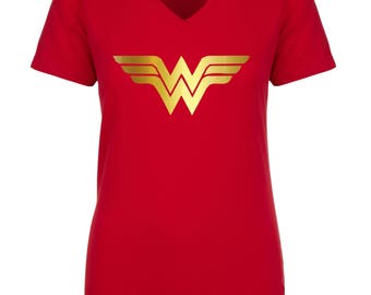 Wonder Woman Shirt,Running Top,Wonder Woman Marathon with Gold WW Logo ,Women's V Neck, T- Shirt / Wonder Women Tee