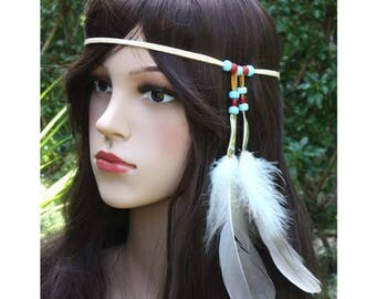 Hippie headband boho tribal native american style feather hair piece hair extension beaded feather head band handmade leather hair tie