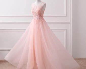 Pink Lace Dress Floor Length Flows Bridesmaid Dress Bridal