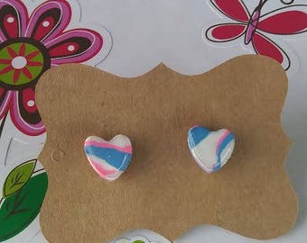 Polymer Clay, White/blue/pink, Heart, Stud Earrings, Resin
