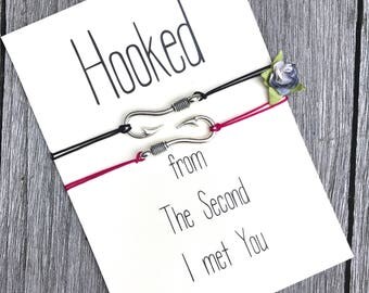 Long distance relationship, Hooked on you, Fish hook bracelet, Gift for her, Couples bracelet, Wish bracelet, Friendship bracelet, A68