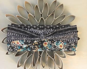 black/white/teal floral twisted headband