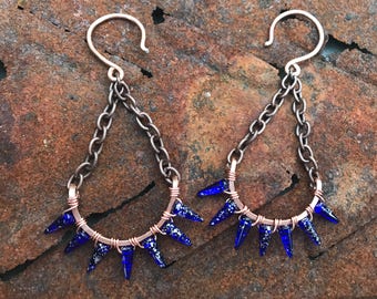 Spiky blue glass and copper earrings for stretched ears gauges earweights