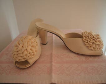 Vintage 1960s or 70s Daniel Green Ivory Satin Heels • Mules • Boudoir Slippers • Wedding Shoes • 8 AA (Narrow)