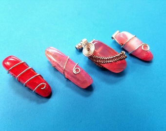 Set of 4, Pink Fire Agate, Wire Wrapped, Crystal, Gemstone, Natural, Silver Necklace, Jewelry Pendant Making, Wire Wrapping, Resale, #69