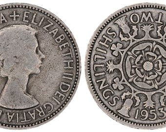 1953 Elizabeth II two shillings coin of Great Britain