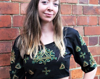 Boho-gypsy black top with green embroidery and wooden beading detail