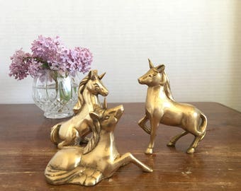 Small Vintage Brass Unicorn Figurine Set of 3