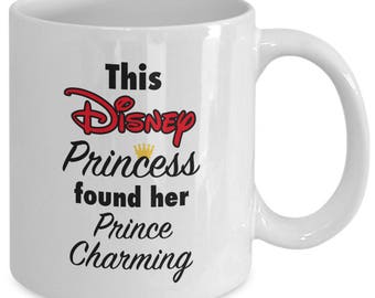 This DISNEY PRINCESS Found Her PRINCE Charming Mug - Disney Engagement Wedding Announcement Bridal Shower Gift - 11 oz white coffee tea cup