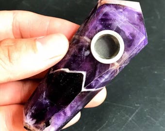 Beautiful Handmade Chevron Amethyst Crystal Quartz Tobacco Pipe, 3.5", Collectible Piece