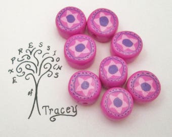 Pink star disc beads, polymer clay beads, handmade beads