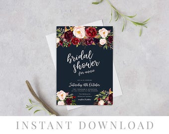 Navy Bridal Shower Invitation INSTANT DOWNLOAD, Hens Night Invite, DIY Printable, Templett, Editable, Rustic Invites, Watercolor, Marsala