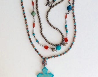 Boho Necklace of Turquoise and Coral