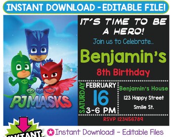 SALE 60% OFF: pj masks Invitation, pj masks Birthday Invitation, pj masks Invitation Instant Download, pj masks Party, Editable Invitation