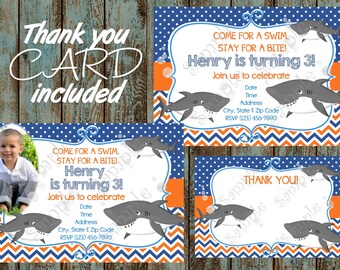 Shark Invitation, Shark Printable Invitation, Shark Birthday Party, Shark Birthday Invitation, Shark Thank you card, Shark Party Supplies