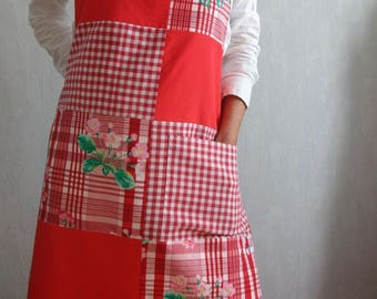 Red patchwork aprons, gingham, plain and flowers