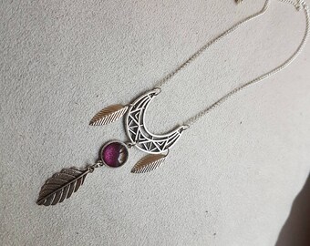 Burgundy necklace silver half moon