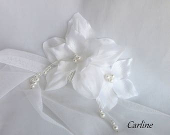 Large comb bridal hair flowers, silk and Pearl White
