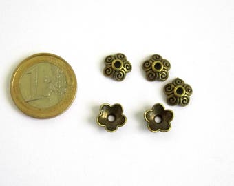 5 bronze flower bead caps, 10 x 4 mm