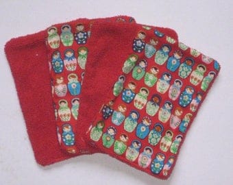 4 Washcloths, wipes large red cotton printed with multicolored matriochkas