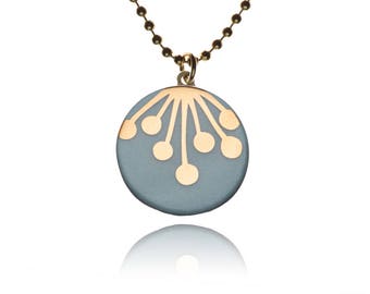 Porcelain ball chain necklace pendant round decorative motif: Umbel gold on turquoise