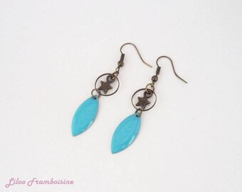Earrings aqua blue enamel shuttle bronze