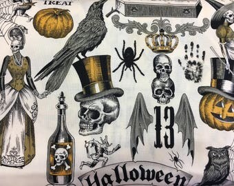 Halloween fabric, spider fabric, Halloween fabric by the yard, halloween cotton fabric, cotton fabric by the yard, skull fabric, halloween