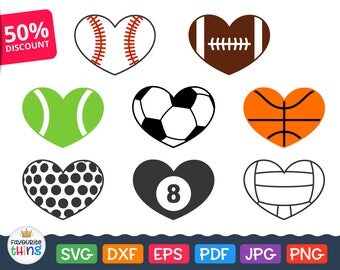 Heart Soccer Ball svg Sport Heart Balls Svg Baseball Heart Svg Football Basketball Tennis Volleyball Golf Eightball Heart Silhouette Dxf Png