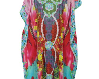 Boho Chic Maxi Caftan Jewel Print Georgette Kimono Sleeves Beach Cover Up Sleepwear Loose Long Evening Dress One Size