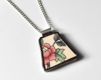Broken China Jewelry Pendant - Red Flower