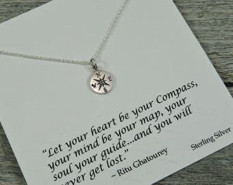 Sterling Silver - Compass Necklace - Let Your Heart Be Your Compass - Inspirational Jewelry - Compass Charm - Graduation Gift