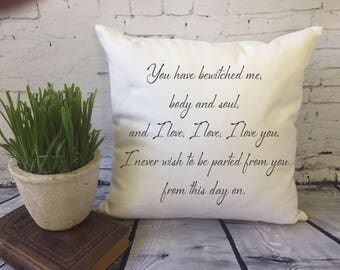 Mr. Darcy quote throw pillow cover, pride and prejudice quote throw pillow cover, you have bewitched me, second anniversary gift